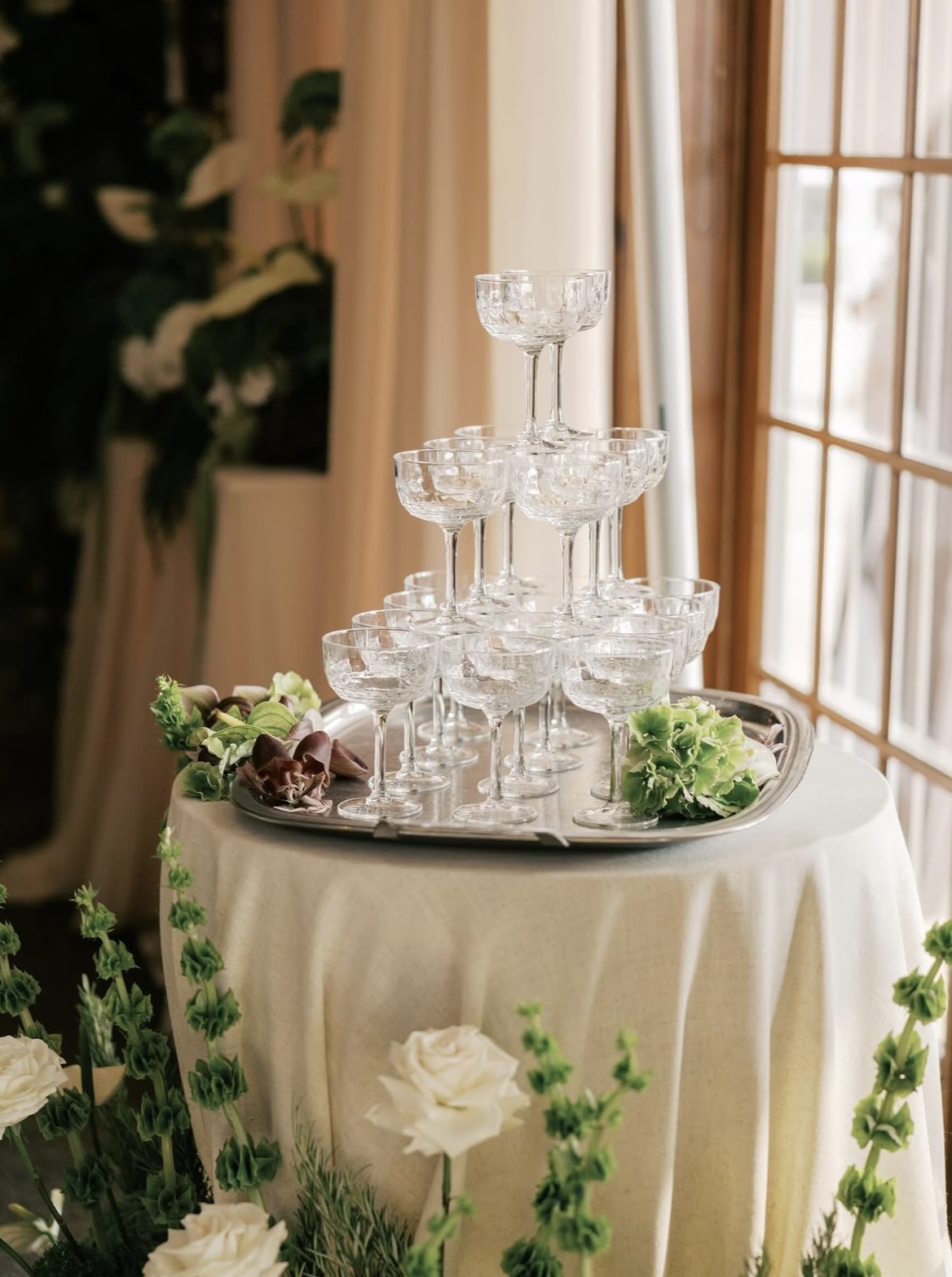 Champagne tower prepared for a celebration at Copetown Woods